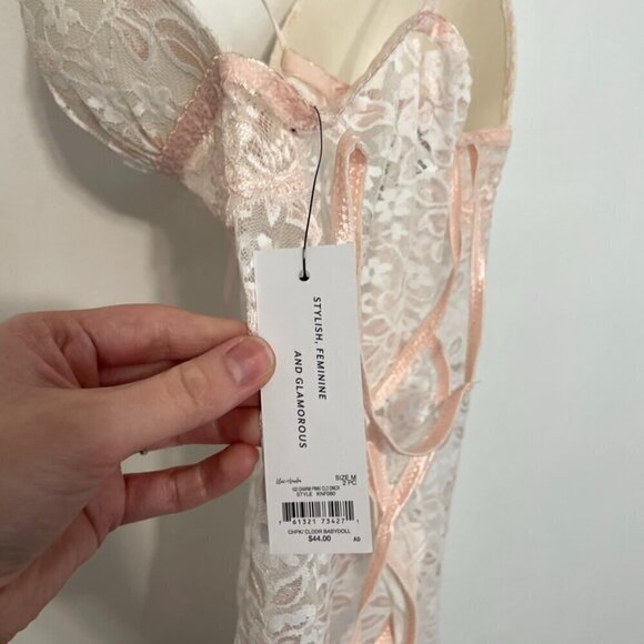 NEW NWT LILAC + LONDON Stretch Lace Chemise Thong Panty Lingerie Set White Pink - Picture 8 of 16